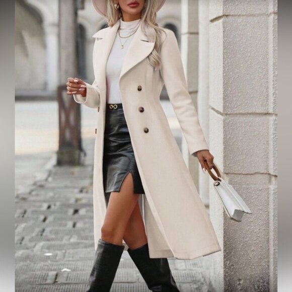 Luxe double breasted pleated hem overcoat apricot - Picture 5 of 8